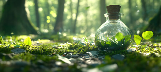 Magical Glass Bottle Filled with Green Leaves in a Lush Forest Under Soft Sunlight