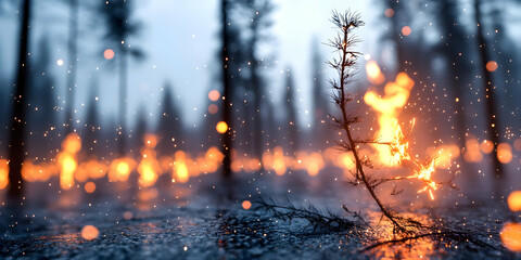 Magical Forest with Glowing Embers a Winter Night Scene With Bokeh Light in Dark Blue and Orange