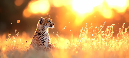 Majestic Cheetah Sitting Amidst Golden Grass at Sunset in Africa Wildlife Portrait in Field With Warm Lighting