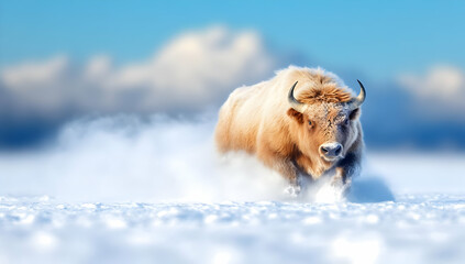 Majestic Beige Bison Walking Through Snowy Plains Under Bright Blue Sky In Winter Season