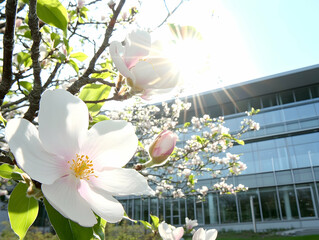 Magnolia Blossoms Adorn Cityscape in Spring Sunlight Featuring White Petals Branches and Modern Architecture