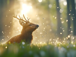 Majestic Deer Resting in a Sun Drenched Forest with Pixelated Appearance