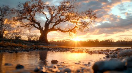 Majestic Tree Silhouette at Sunset Over Calm Water Surface in Landscape With Warm Colors and Dramatic Light