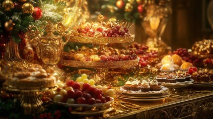 An ornate gold buffet table displays assorted food and holiday decorations