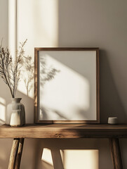 Minimalist Interior Scene with Blank Frame Dried Flowers and Books on Wooden Shelf in Warm Neutral Colors