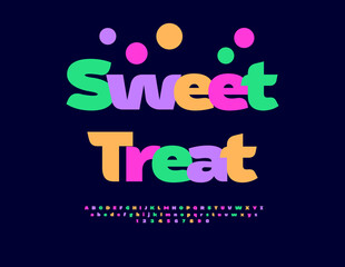 Vector Festive sticker Sweet Treat. Fashion Colorful Font. Cute Artistic Alphabet Letters and Numbers.