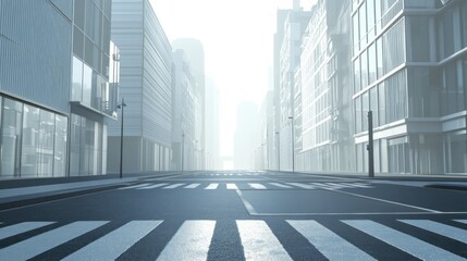 Urban serenity, Modern city street shrouded in soft, ethereal light