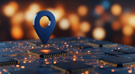 Blue Location Pin on Illuminated Orange and Blue Circuit Board with Bokeh Background