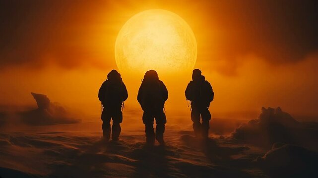 Silhouetted Explorers Adventuring Against a Breathtakingly Majestic Sunset in a Frozen Winter Landscape