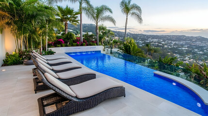 Obraz premium Modern Luxury Home Exterior with a Sparkling Blue Pool and Lush Garden at Twilight