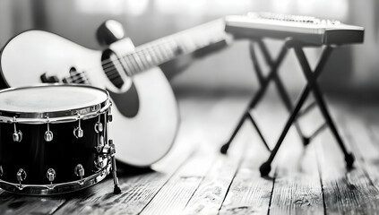 Obraz premium Monochrome Musical Instruments on Wooden Floor with Acoustic Guitar Drum and Keyboard