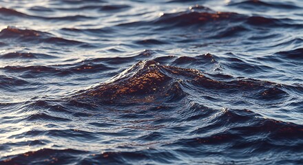 Ocean Wave Surface Texture Close-up at Sunset with Dark Blue Waters