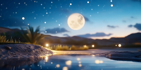 Naklejka premium Moonlight Reflects on Tranquil Lake Surrounded by Mountains in the Night Sky Under a Starry Sky