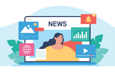 Online News Digital Media Female Presenter with Laptop Showing Data Visualization and Social Media in Flat Design Illustration