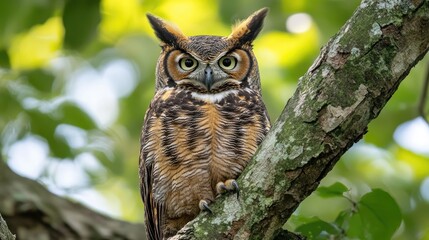 Obraz premium Great Horned Owl perched on branch, forest background, wildlife photography
