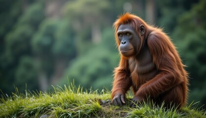 Obraz premium Bornean Orangutan Contemplating in Lush Rainforest Clearing