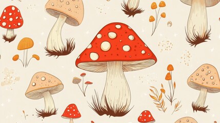 Vector seamless mushroom cartoon design with clean background, cute style