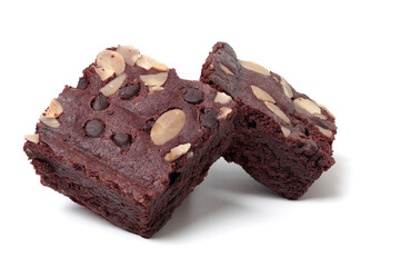 Chocolate almond cake stacked slices. isolated on a white background.
