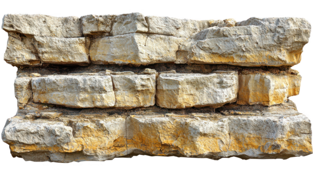 Structured natural limestone wall with layered blocks isolated on black background