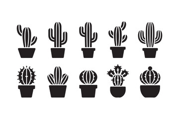 Collection of Black and White Cactus Icons in Pots