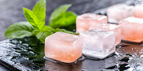 Pink Ice Cubes with Fresh Mint Leaves on Dark Wet Stone Surface Close Up
