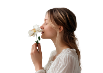 Young woman smell flowers isolated on transparent background