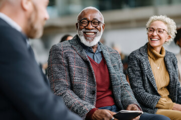Elderly couple enjoys a cheerful conversation at a community event in an urban setting during the afternoon