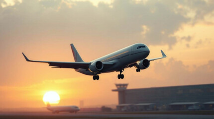 Modern Airplane Taking Off from Airport into Sunset Sky Generative AI