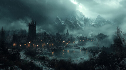 A gothic, misty town nestled in a mountainous, dark valley. © siomay