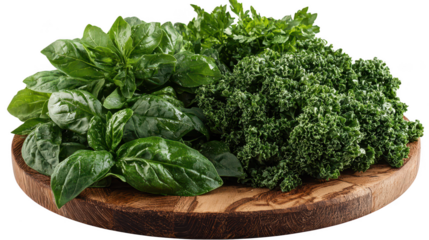 Fresh culinary herb assortment: basil, kale, and parsley in rustic wooden platter