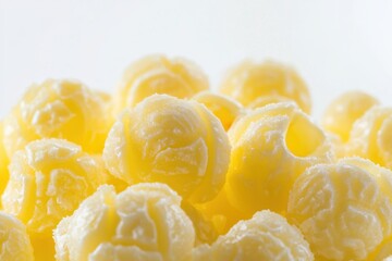 Close-up of small, light yellow popcorn-like snacks.  Each piece has a slightly textured, puffed-up, floral shape