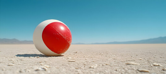 Obraz premium Red And White Beach Ball on Sandy Surface Under Clear Blue Sky in Desert Landscape
