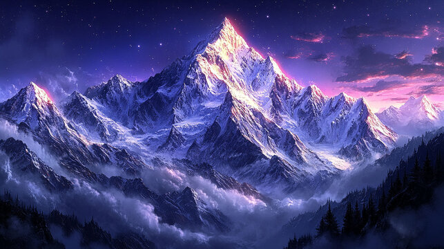 Majestic snowy mountain range at twilight.