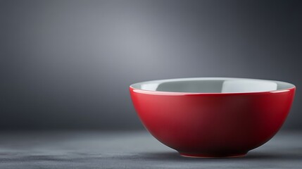 A vibrant red bowl placed on a dark surface, showcasing its glossy finish in a minimalist setting