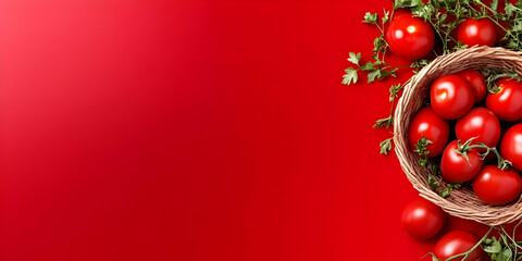 Red Cherry Tomatoes and Parsley in Basket on a Vibrant Red Background Top View