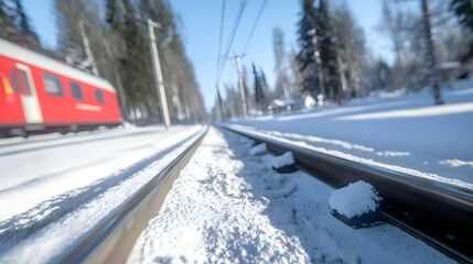 Red Train Car on Snowy Tracks Through Forest on Winter Day with Blue Sky