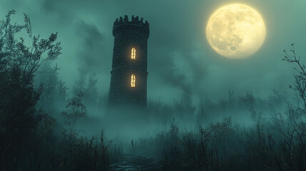 Luminous medieval tower in a misty forest under a full moon.
