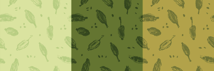 Seamless hand-drawn pattern with cardamom pods and seeds. Vintage botanical illustration in green and olive tones for packaging, fabric, kitchen decor, and organic product branding.