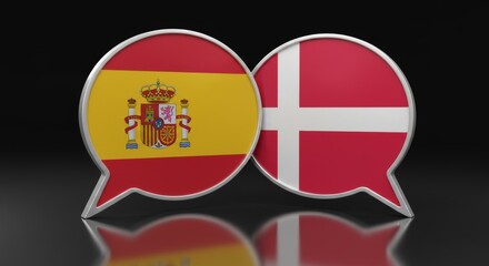 Spain and Denmark Dialogue: 3D Rendered Speech Bubbles with National Flags
