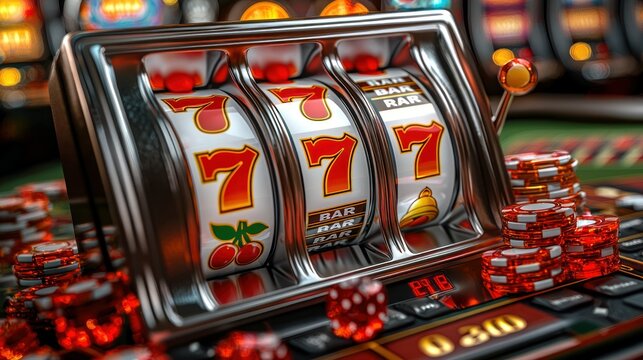 Las Vegas Casino Slot Machine 777 Jackpot Win,  Gambling,  Luck, Fortune,  Risk, Red Chips,  Casino Game,  Big Win,  Digital Art, Render, 3D