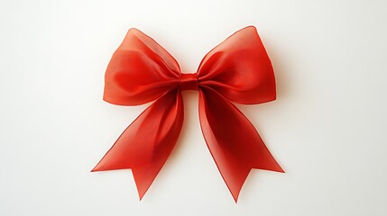 Fototapeta premium Red Organza Ribbon Bow Centered On White Backdrop For Christmas Holiday Gift