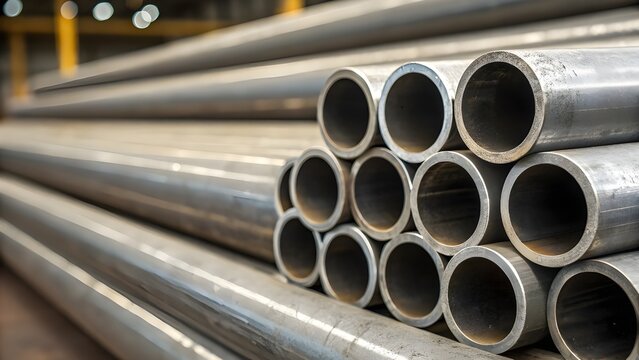 a stack of cylindrical stainless steel pipes