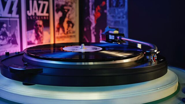 Captivating Vinyl Record Player Surrounded by Jazz Music Posters in a Vibrant Atmosphere