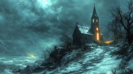 Stormy night, illuminated church on a snowy cliff.