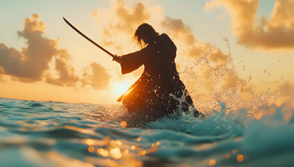 Silhouette of Figure in Ocean with Sword during Sunset with Pixelated Effects and Splashing Water Showing Coastal Strength