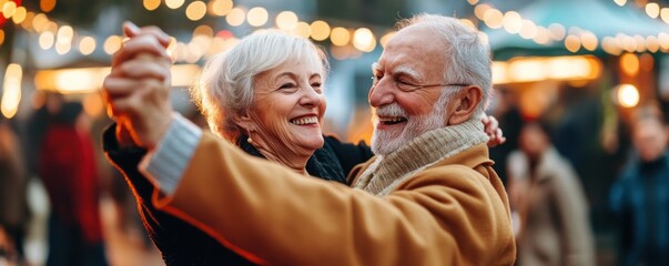 A senior couple dancing joyfully at a lively celebration, enjoying the moment