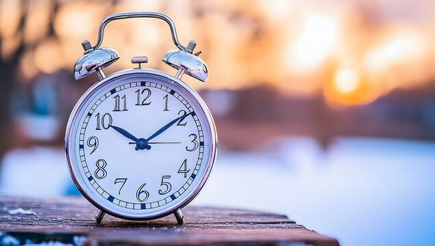 Silver Alarm Clock on Wooden Table with Blurred Snowy Winter Background