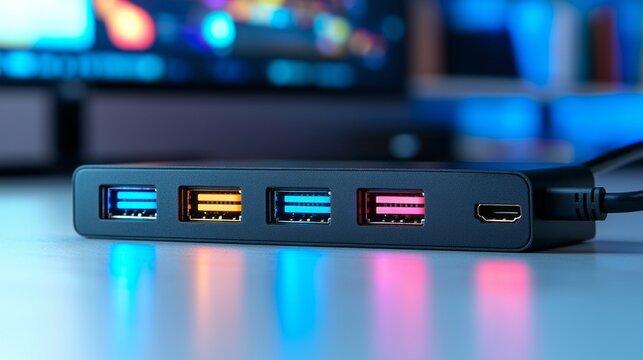 A black computer cable with four different colored ports