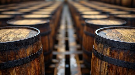 Fototapeta premium Rows of Aged Wooden Barrels in a Distillery