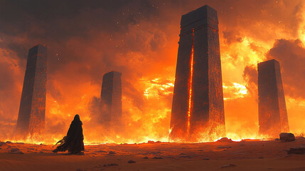 Fiery desolation engulfs ancient, looming structures.